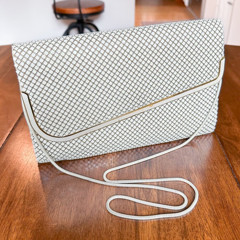 Vintage 60s-70s White Metal Mesh Evening Clutch Crossbody Purse Italian - Picture 3 of 13